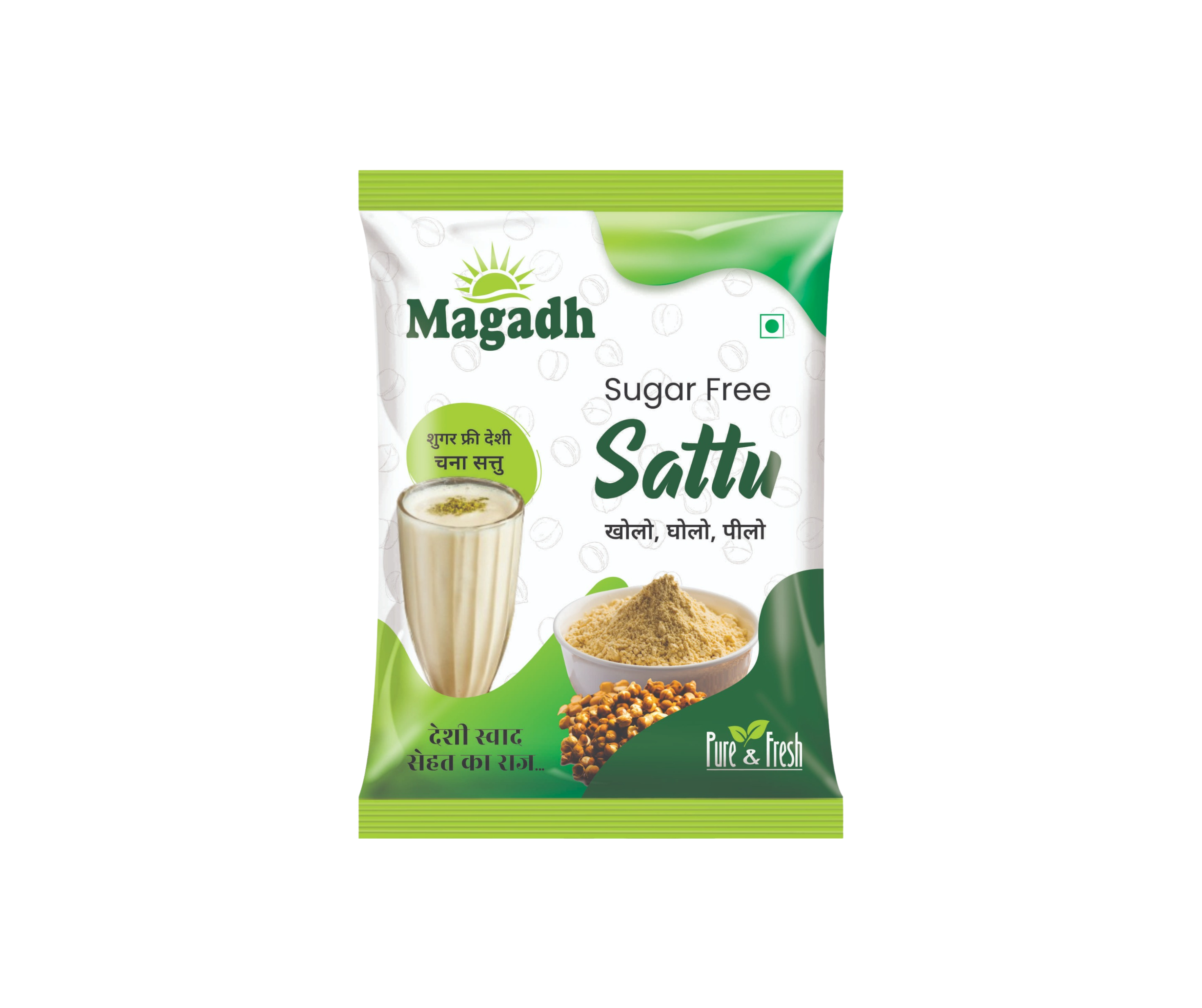 Packaged food product labeled "Magadh Sugar Free Sattu" with images of a glass of sattu drink, a bowl of sattu powder, and roasted chickpeas on the front. The packaging features green and white colors with Hindi text promoting health benefits.