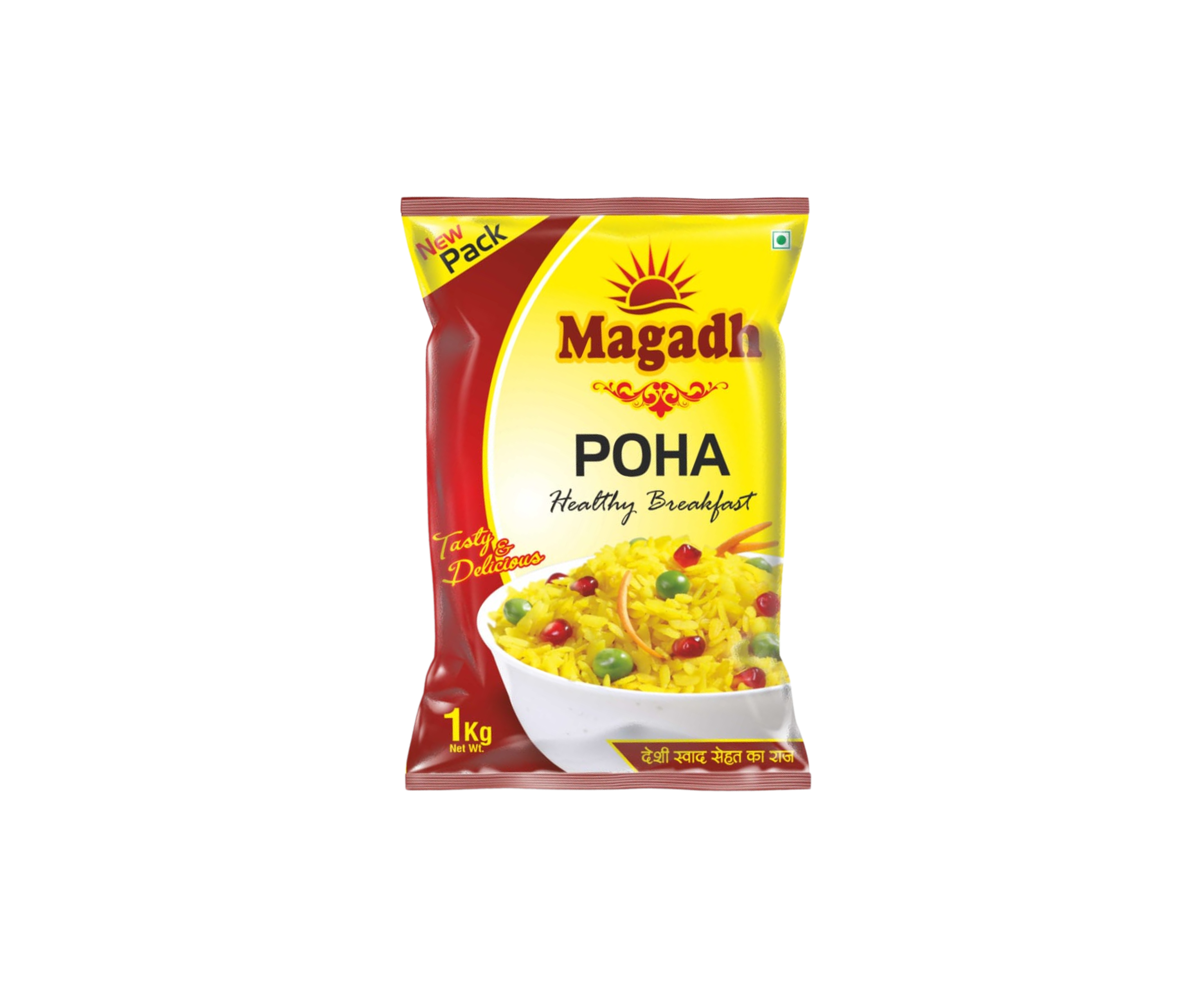 Magadh Poha packaged in a yellow and red packet labeled 'Healthy Breakfast' with an image of a bowl of yellow poha garnished with green peas and pomegranate seeds. The package mentions 'Tasty & Delicious' and '1 Kg Net Wt.' in English and has Hindi text at the bottom.