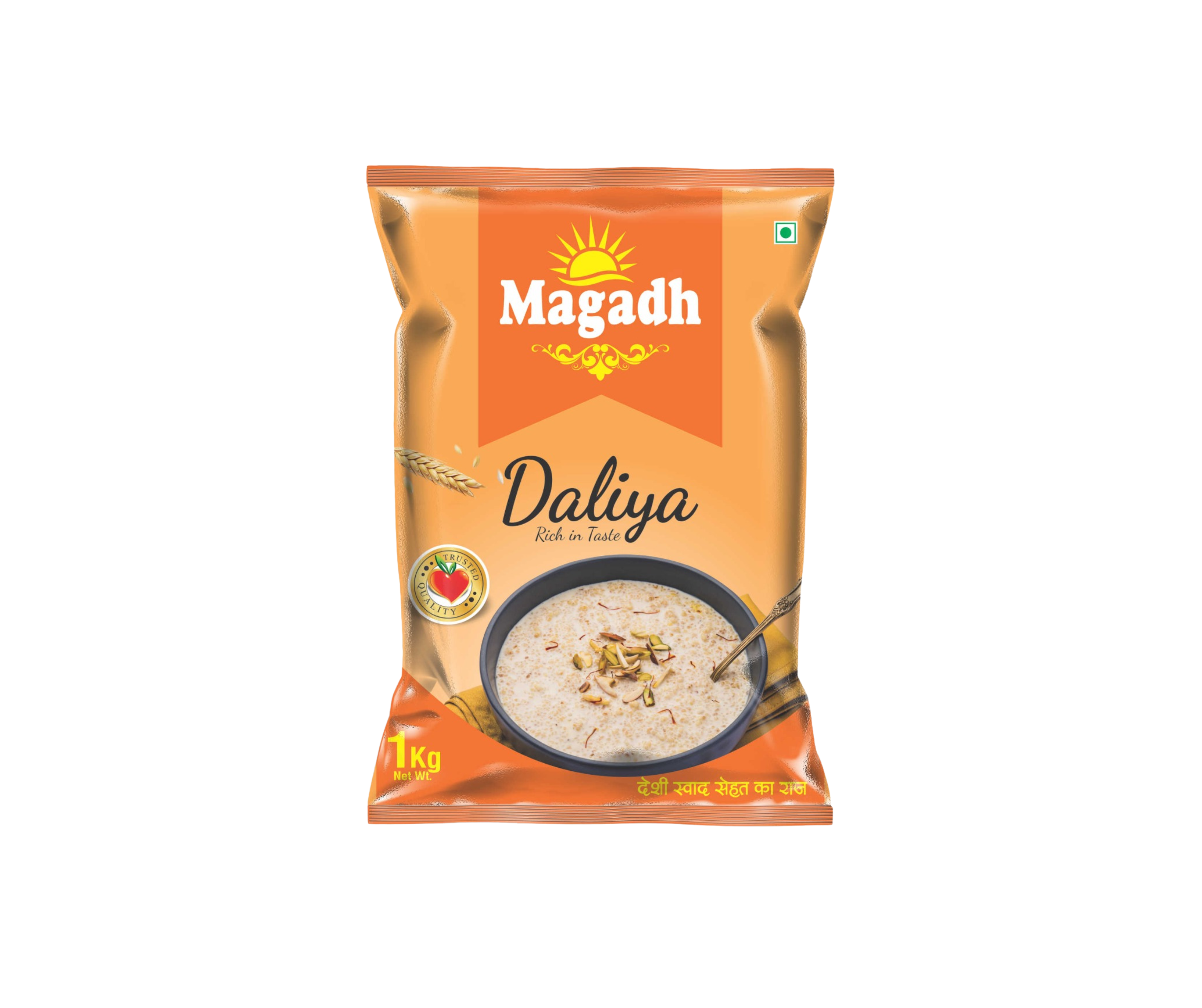 Packaged food product Magadh Daliya in orange packaging showing a bowl of daliya porridge garnished with nuts and saffron. Packaging includes Hindi text and a quality seal.