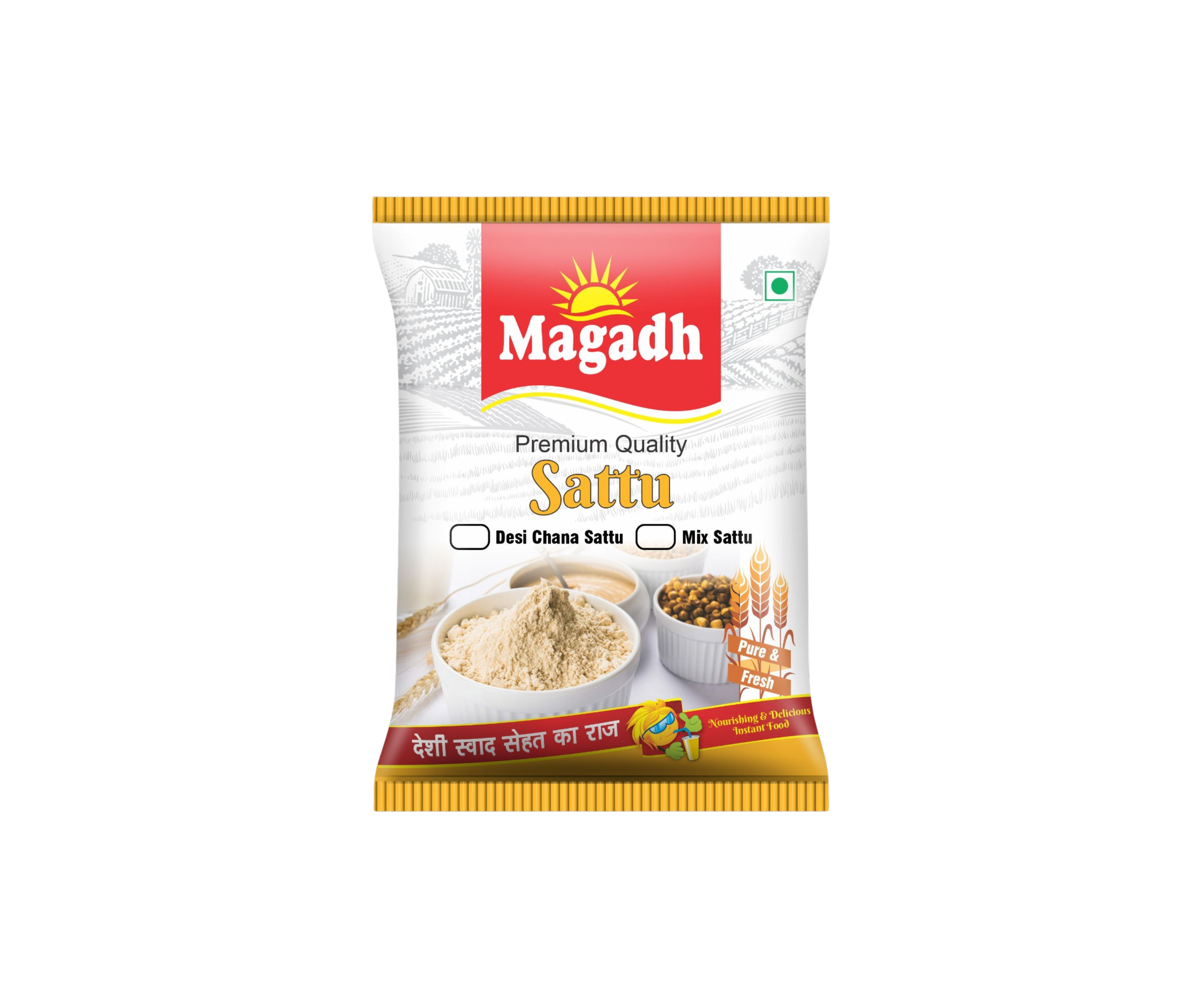 Packaged food product labeled "Magadh Premium Quality Sattu" featuring images of sattu powder, roasted chickpeas, and a spoon with sattu on the front. The packaging has a white and yellow design with Hindi text promoting traditional taste and health benefits.
