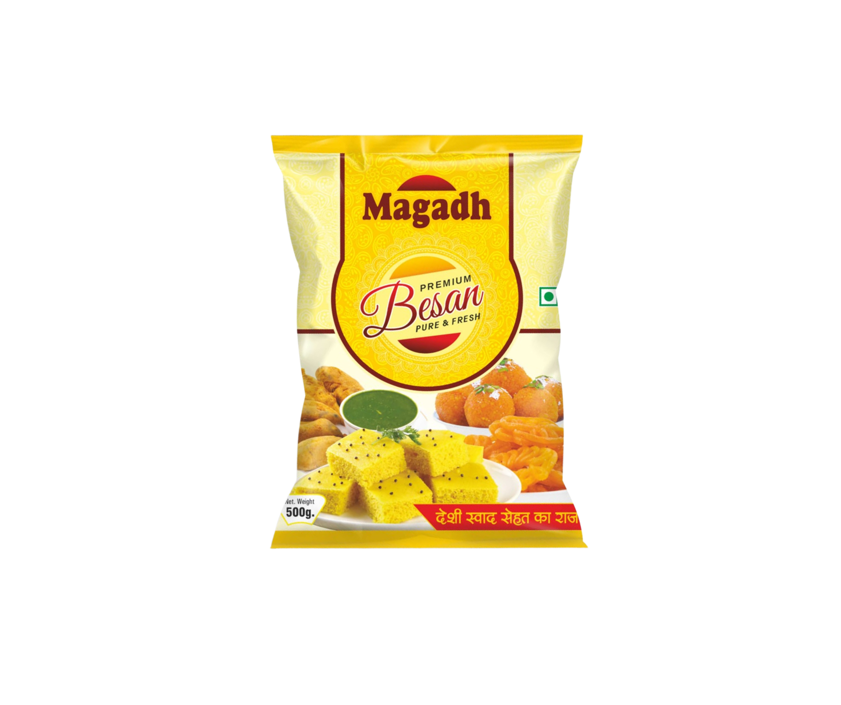 Magadh Premium Besan with bright yellow and white colors, traditional Indian patterns, and images of snacks made from besan