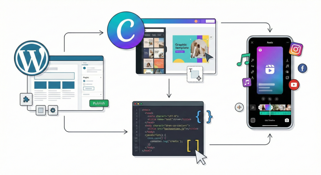 Digital workflow showing WordPress website development, Canva graphic design, coding, and social media content creation