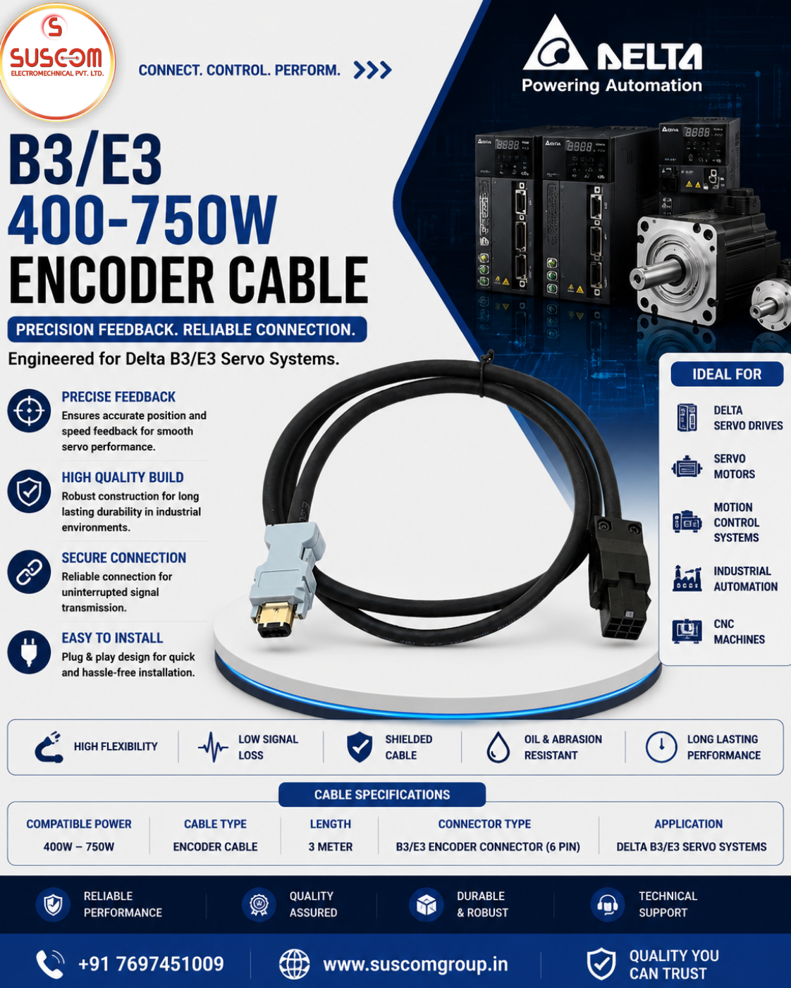 B3/E3 400-750W Encoder Cable 3 Meter for Delta Servo Motor Industrial Automation Applications